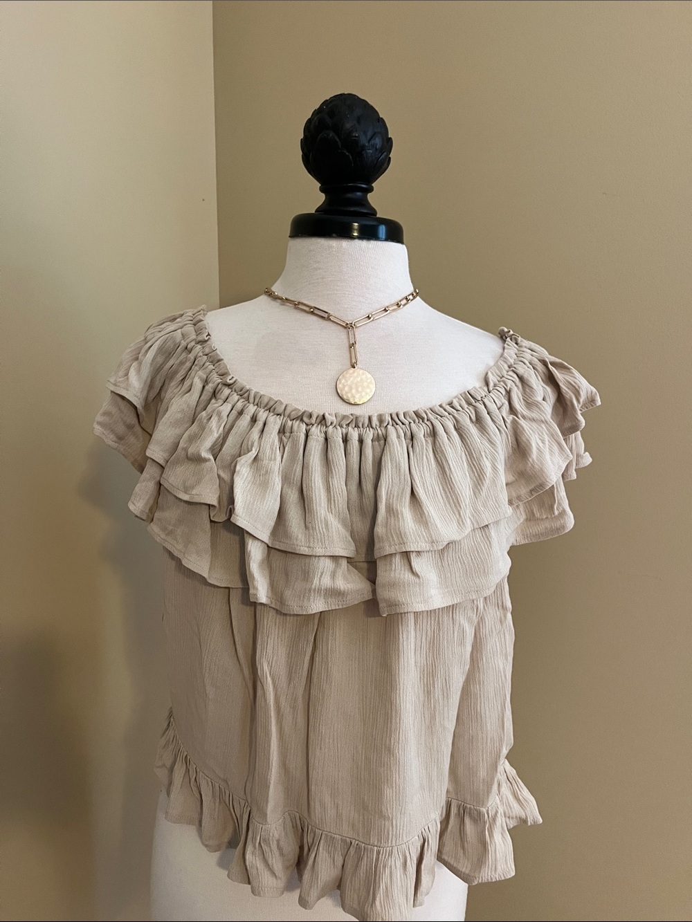 Express Beige Ruffle Off-Shoulder Crop Top